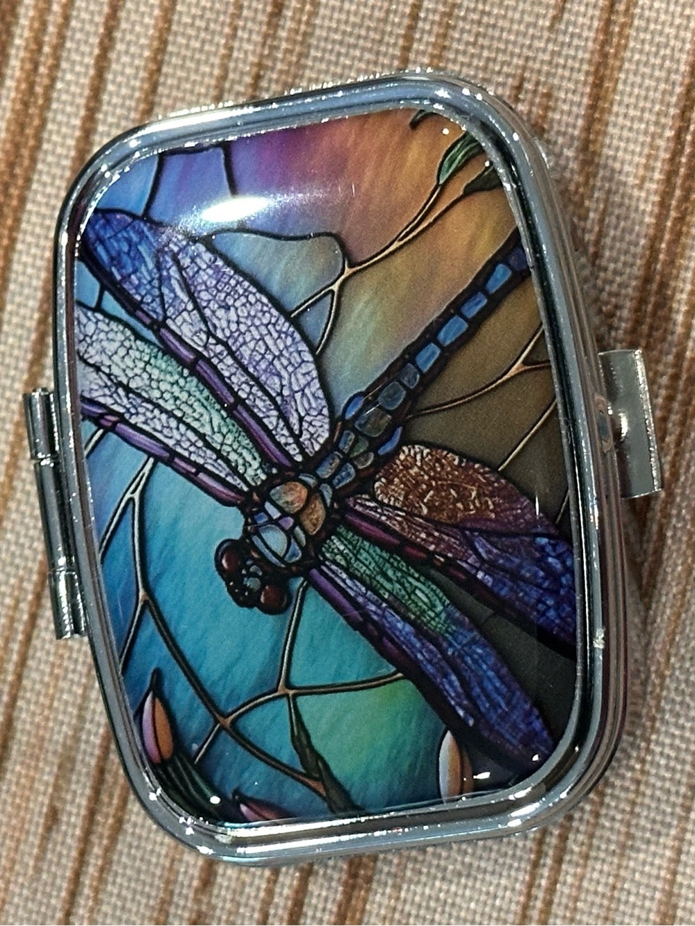 Dragonfly Compact Pill Box - Blue & Purple stainless steel with mirror - Picture 3 of 4
